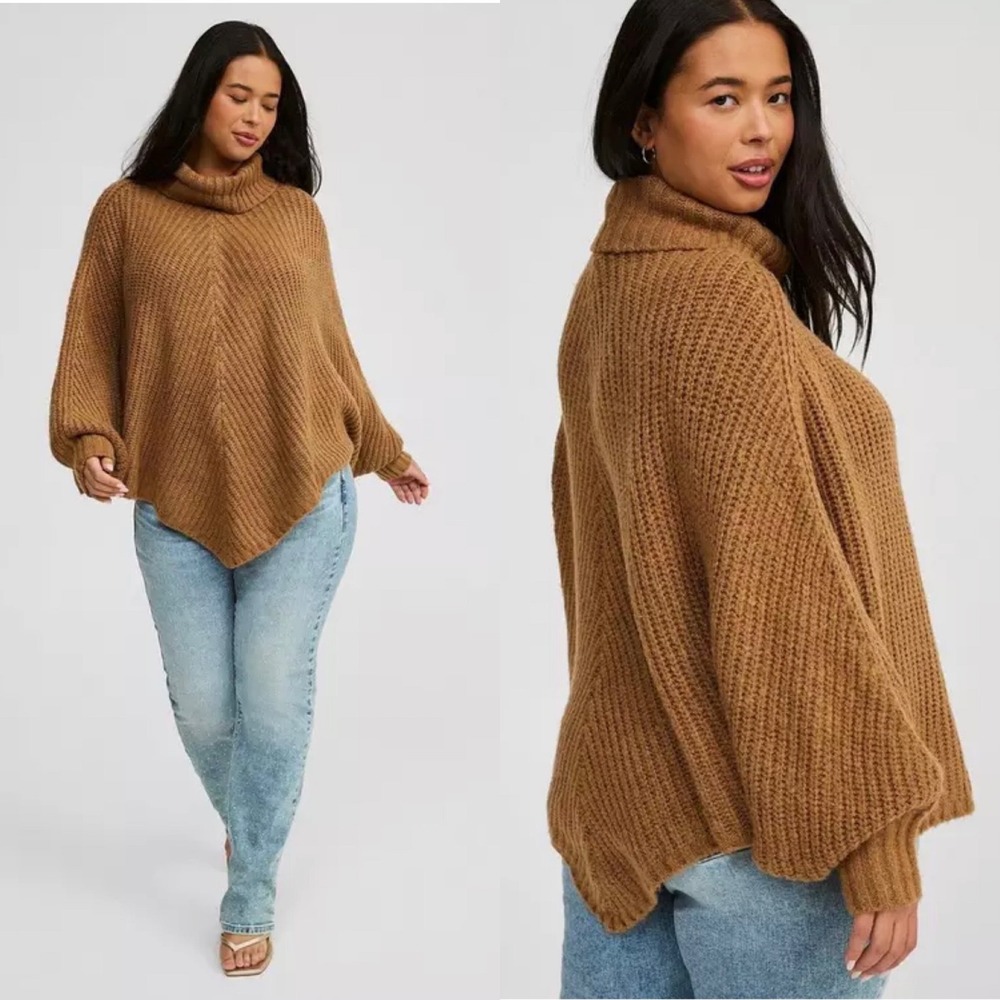NWT Torrid Chunky Ribbed Knit Poncho Turtleneck Sweater Size 3 4 Camel Brown